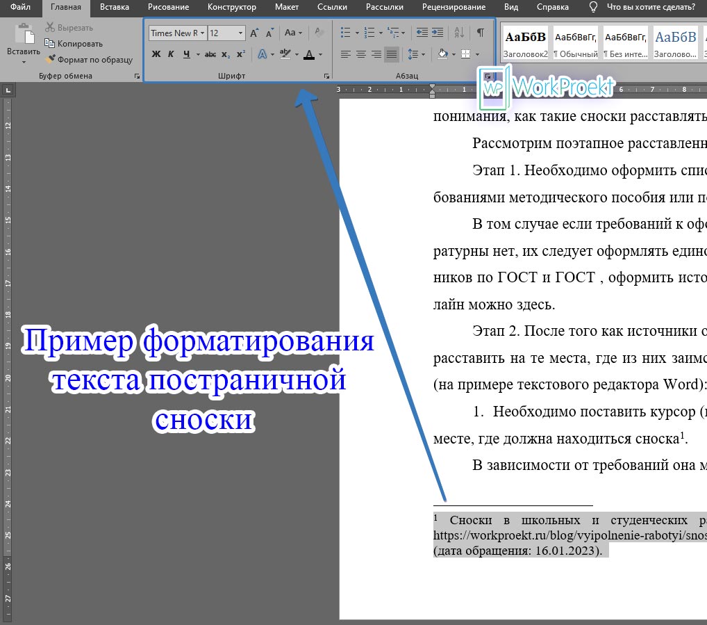 Пример форматирования текста постраничной сноски