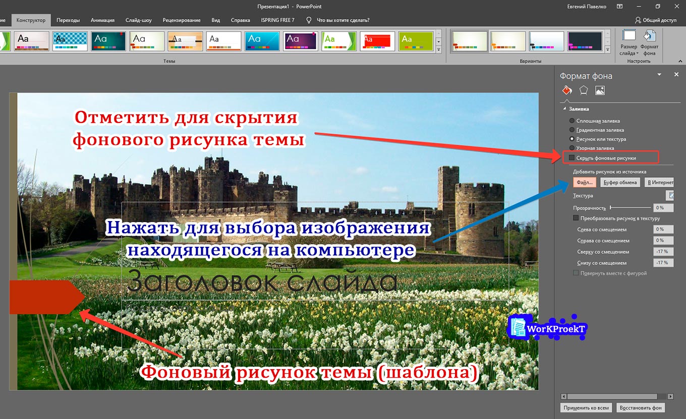 Добавление рисунка для фона слайда презентации